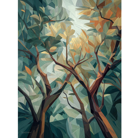 Abstract art of trees with a focus on green and brown tones.